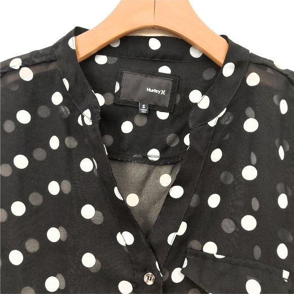 Hurley Sheer Blouse Womens Small Black Sleeveless Polka Dot V-Neck Button Up - Picture 3 of 8